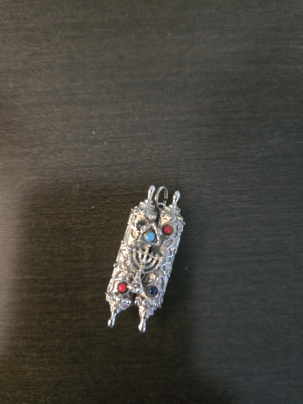 Silver Filigree Torah Scroll Pendant with Colored Stones